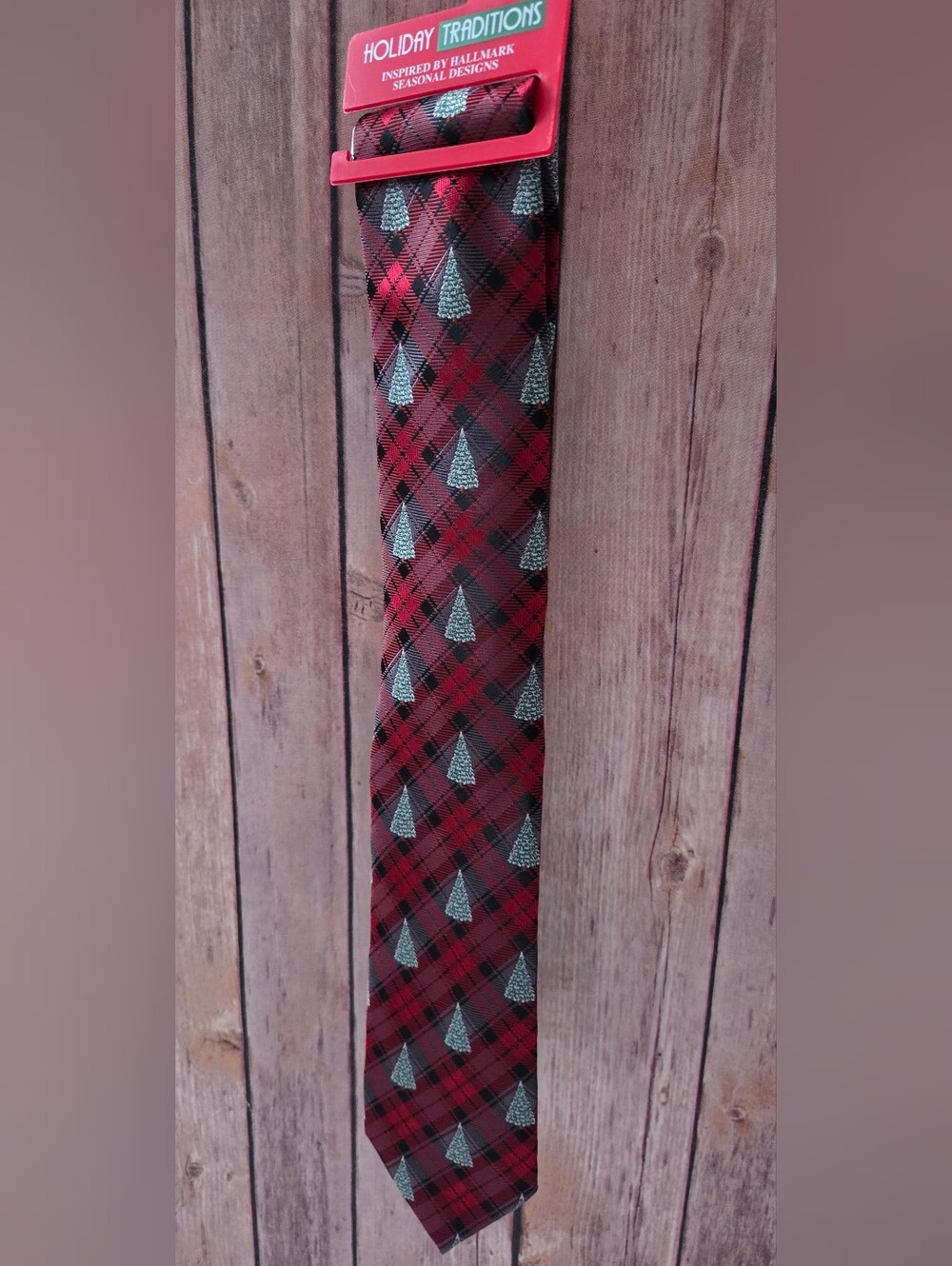 Hallmark Red and Black Plaid Tie with Silver Tree Pattern